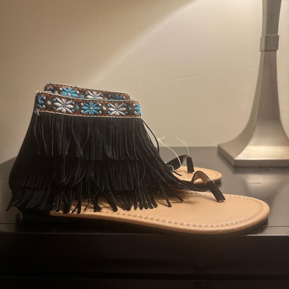 Fringe Sandals with Embroidered Trim - Black and Tan